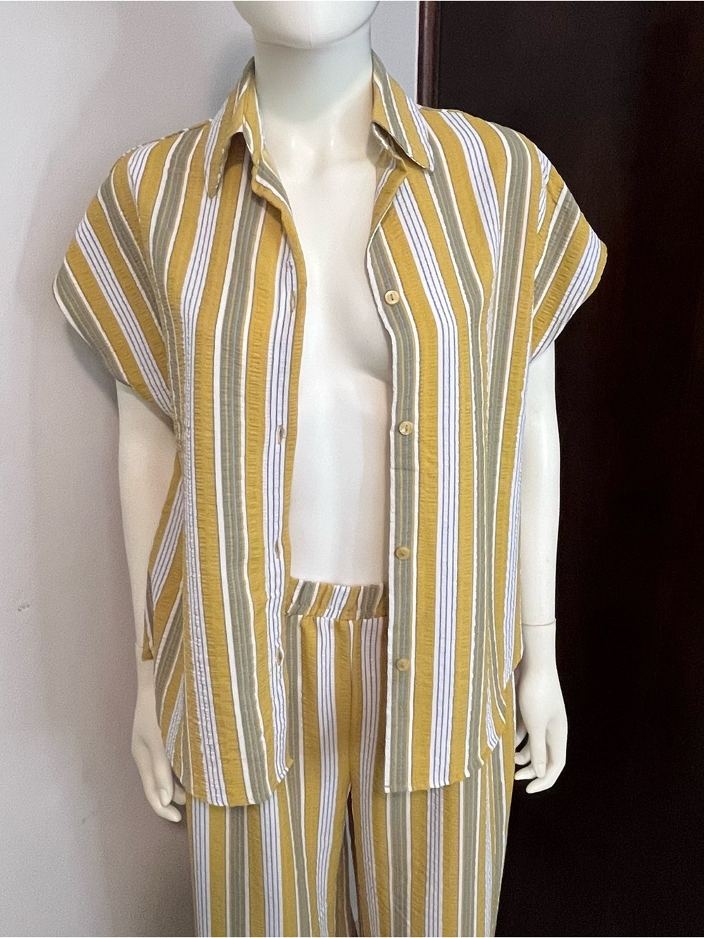 Women’s Striped Set Wide Leg Crop Pants Button Shirt Casual Boho Resort sz S